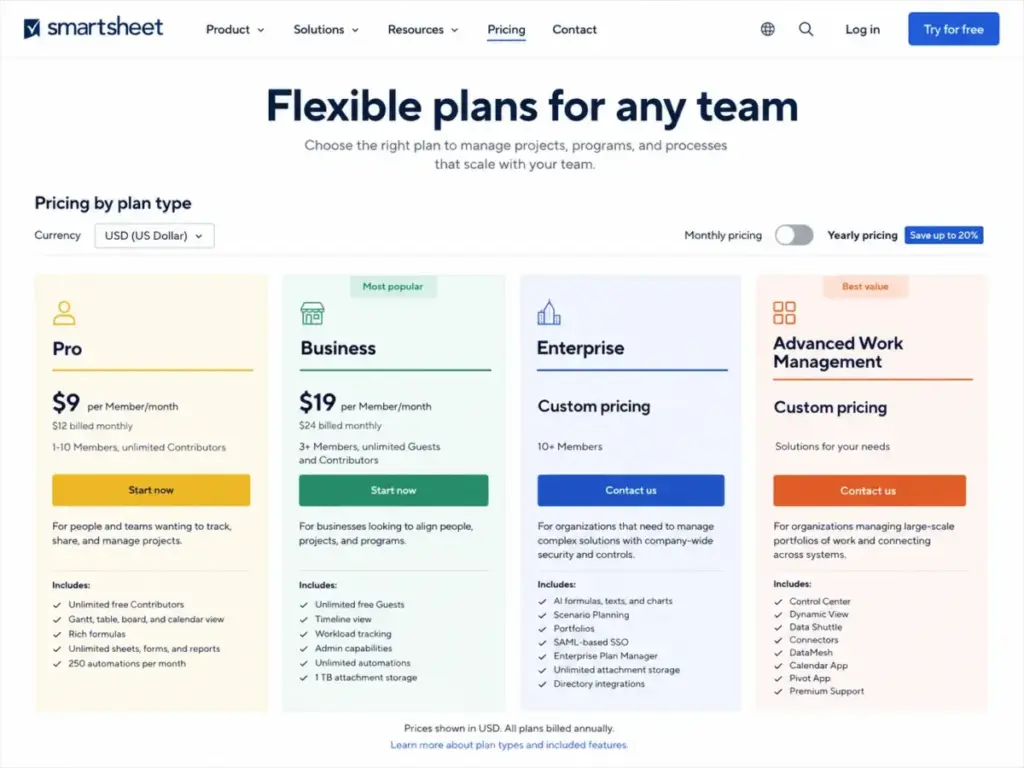 smartsheet pricing page plans 2026 review