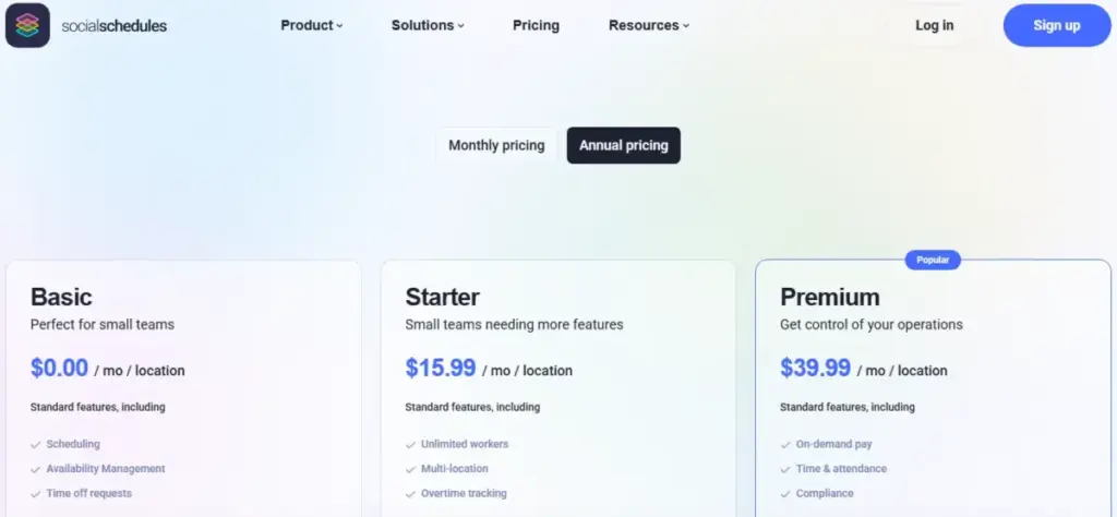 SocialSchedules pricing page showing Basic, Starter, and Premium plans for employee scheduling software