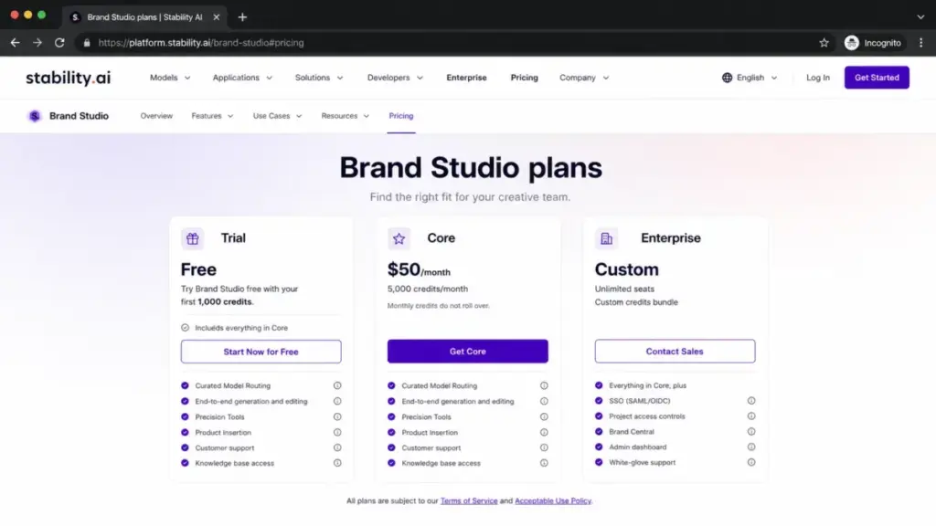 Stability AI Brand Studio pricing page showing Trial, Core, and Enterprise plans with credits, monthly pricing, and feature lists.