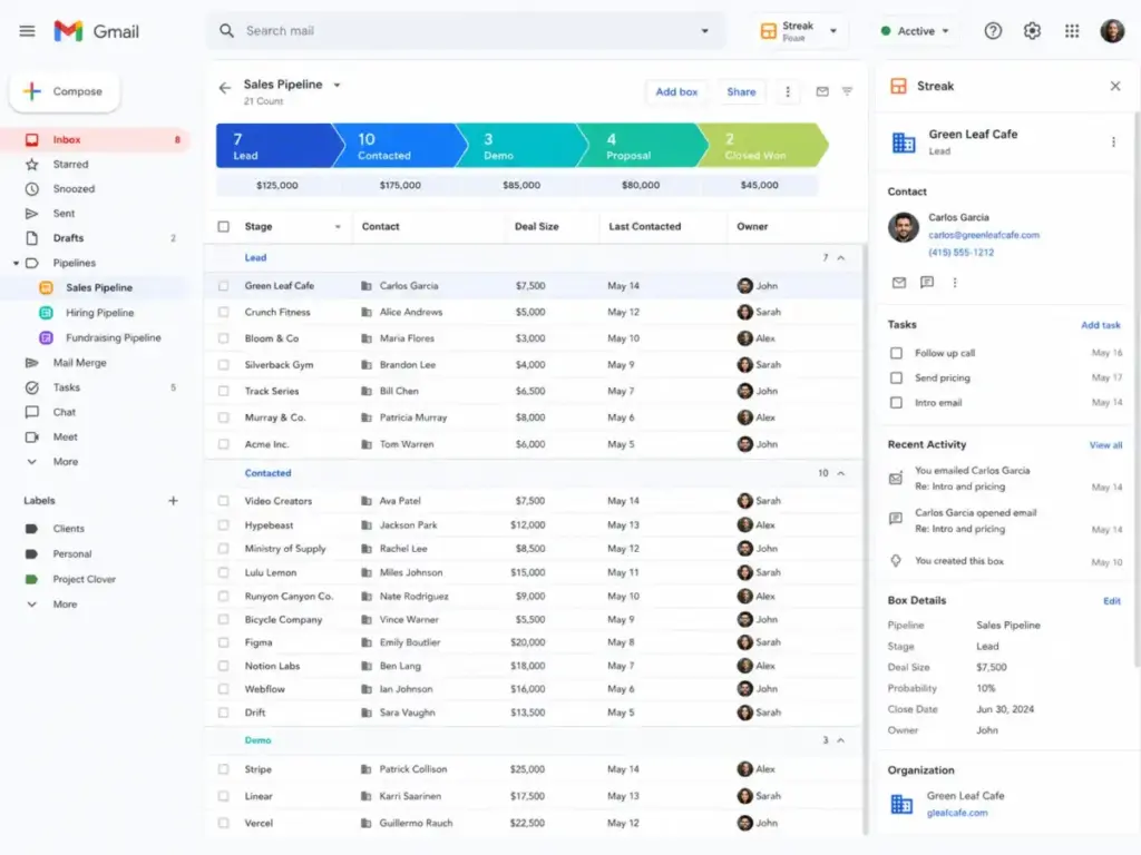 Streak CRM pipeline view embedded inside a Gmail inbox