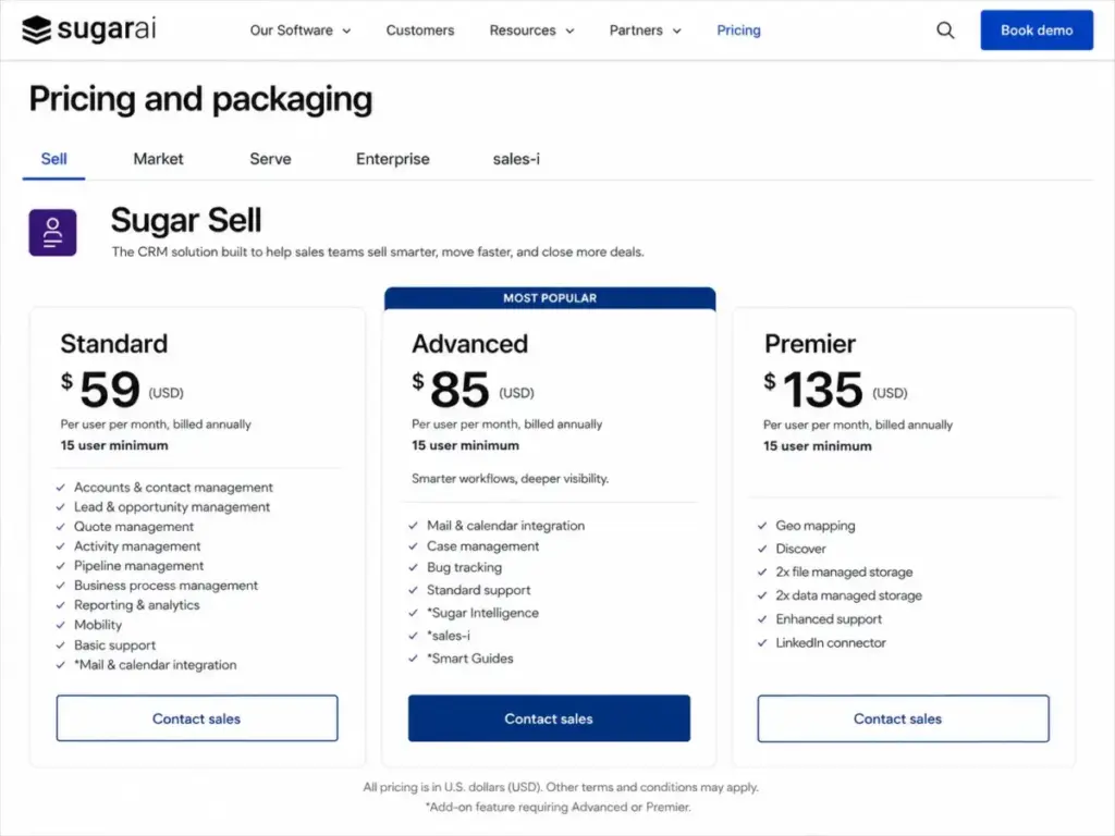 SugarAI pricing page showing Sugar Sell Standard, Advanced, and Premier plans with 15-user minimum.