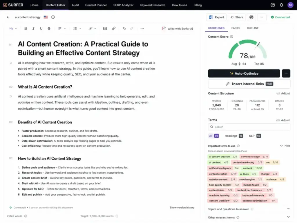 Surfer SEO content editor showing content score, optimization guidelines, keyword suggestions, internal links, and Google Docs and WordPress export options.