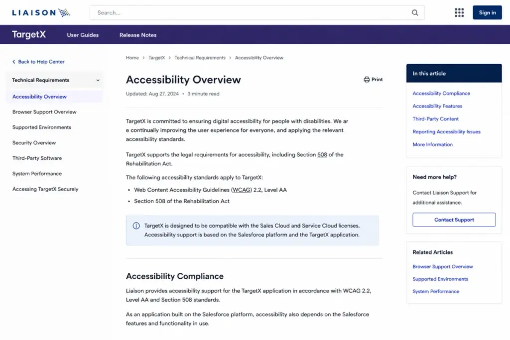 TargetX Accessibility Overview help page showing WCAG and Section 508 accessibility statements