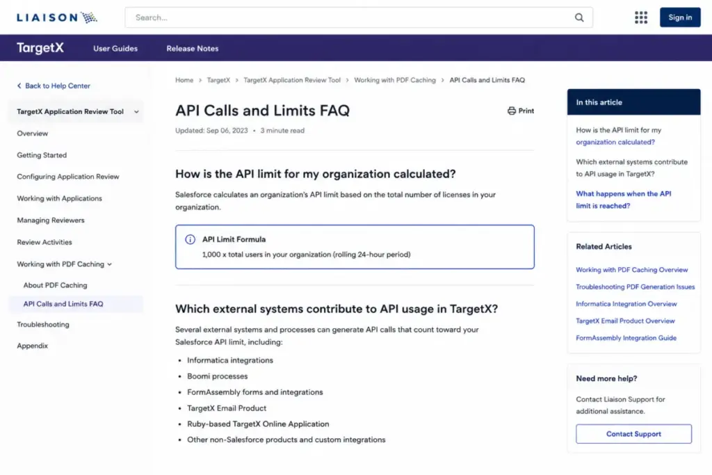TargetX API Calls and Limits FAQ showing Salesforce API limit formula and external systems affecting API usage