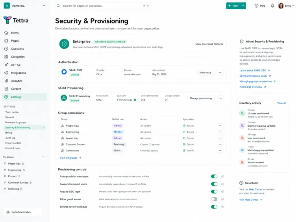 Tettra Enterprise security and provisioning settings showing SAML SSO, SCIM provisioning, group permissions, and access controls.