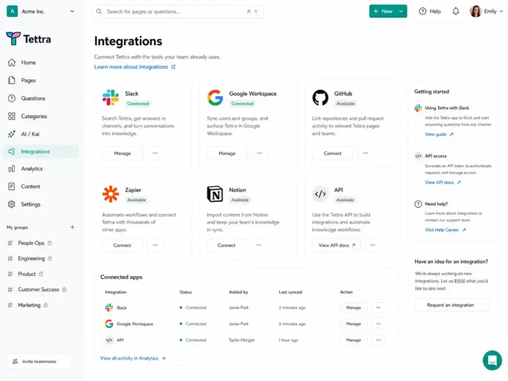 Tettra integrations dashboard showing Slack, Google Workspace, GitHub, Zapier, Notion, and API connection options.
