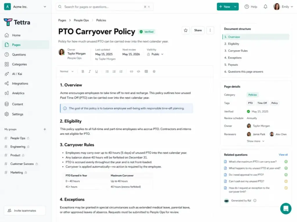 Tettra page editor showing a PTO Carryover Policy knowledge base article with document structure, page details, and related questions.