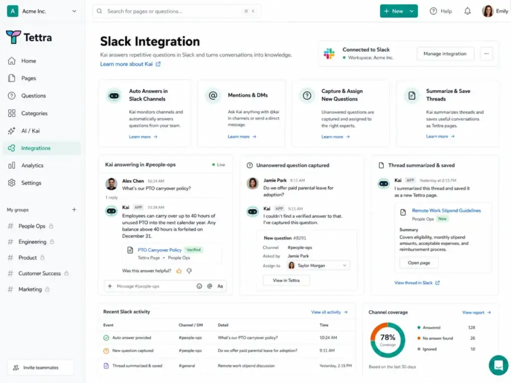 Tettra Slack integration dashboard showing Kai answering a question in a Slack channel and capturing knowledge for future use.
