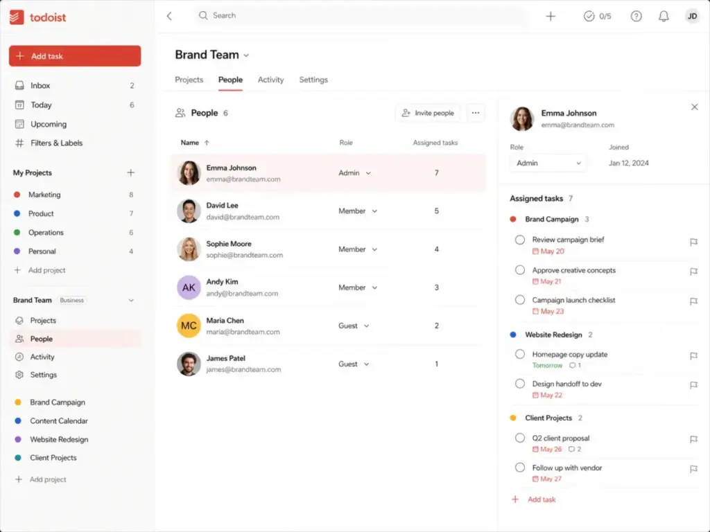 Todoist Business shared team workspace showing roles and assigned tasks