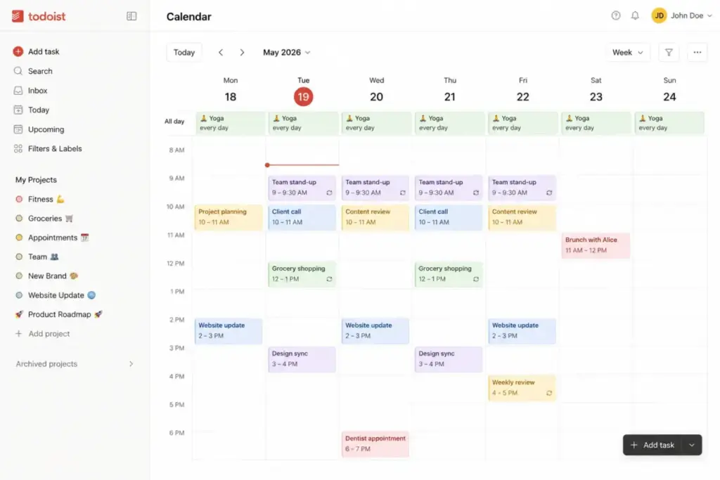 Todoist calendar layout showing recurring tasks and one-off deadlines
