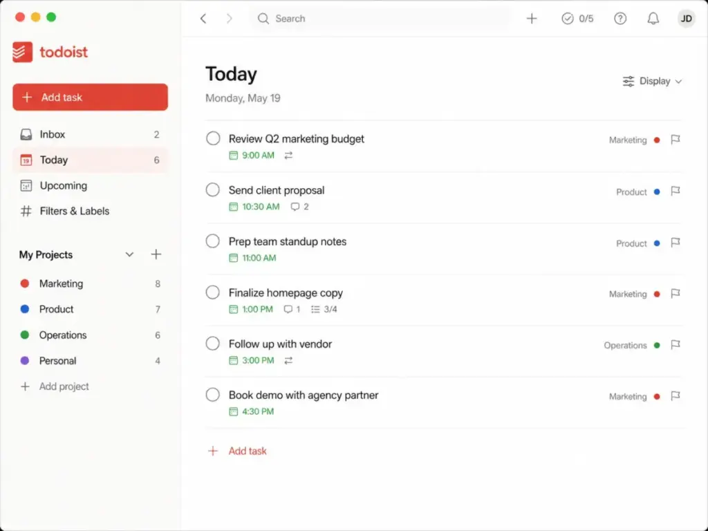 Todoist Today view showing a clean list of scheduled tasks for the day