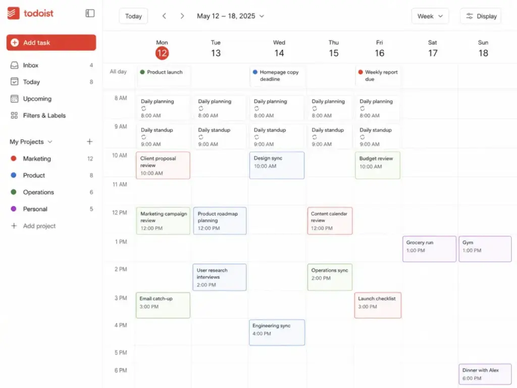 Todoist weekly calendar layout showing daily and weekly task planning