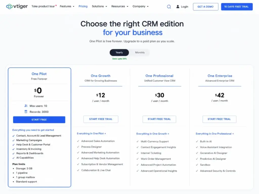 Vtiger pricing page showing One Pilot at $0 forever with 10 users and 3,000 records