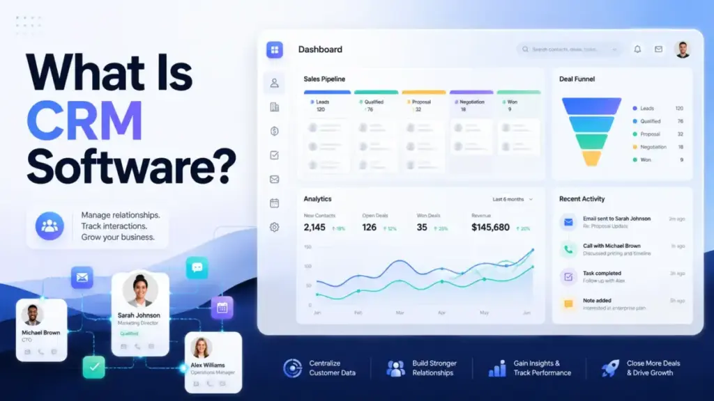 What Is CRM Software featured image showing a CRM dashboard with sales pipeline, customer cards, analytics, and relationship management icons.