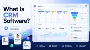 What Is CRM Software featured image showing a CRM dashboard with sales pipeline, customer cards, analytics, and relationship management icons.