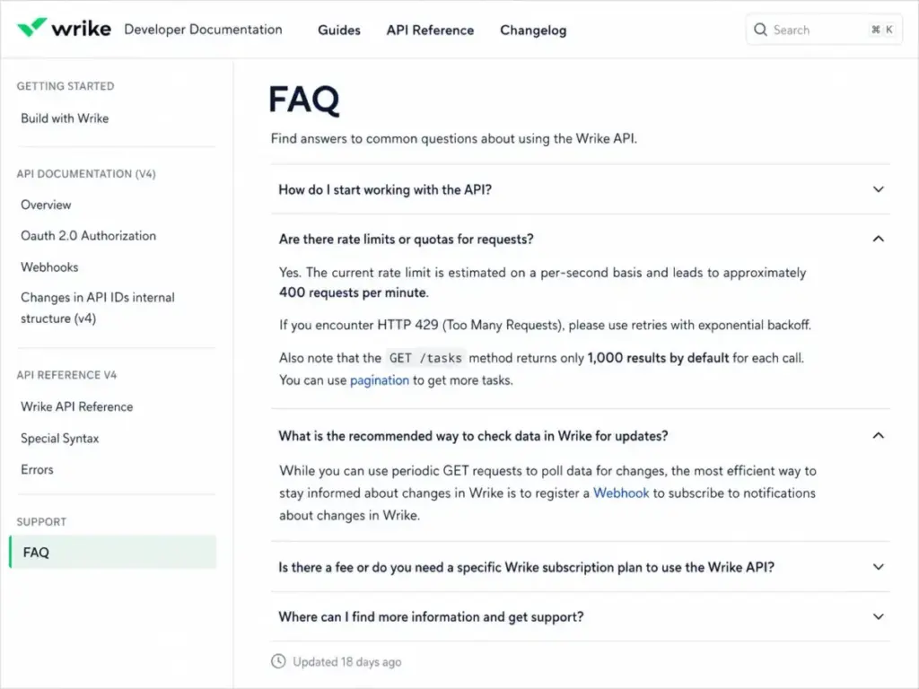 Wrike developer FAQ showing API rate limit, GET tasks pagination, and webhook recommendation