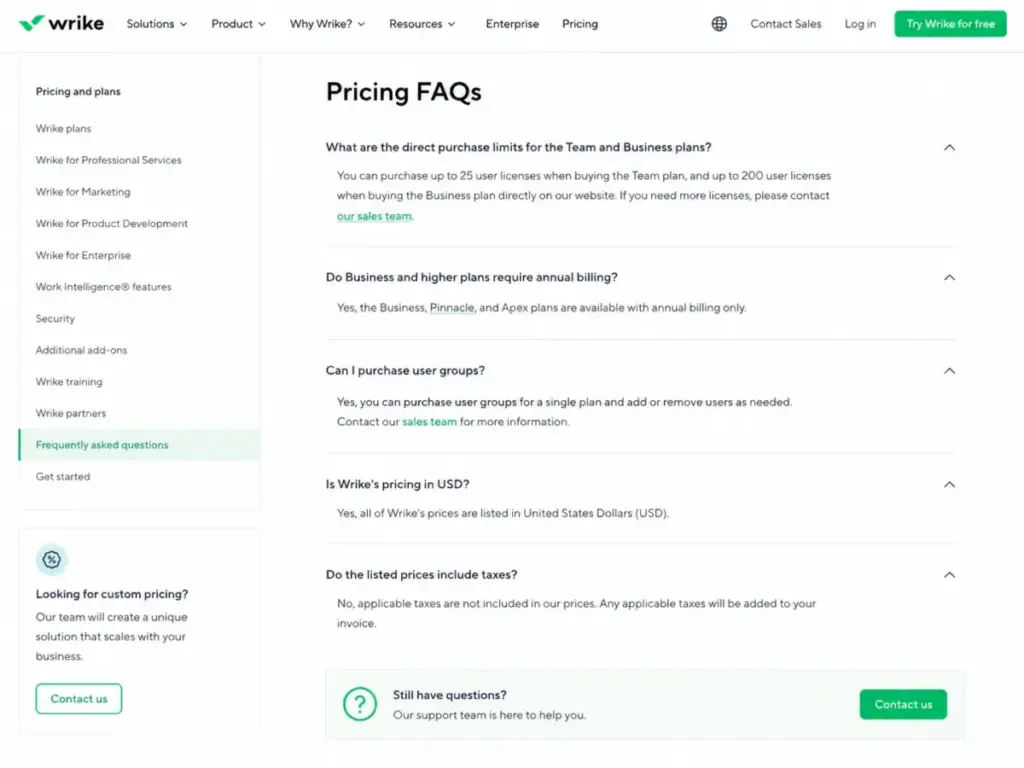 Wrike pricing FAQ showing billing rules, purchase limits, USD pricing, and tax notes
