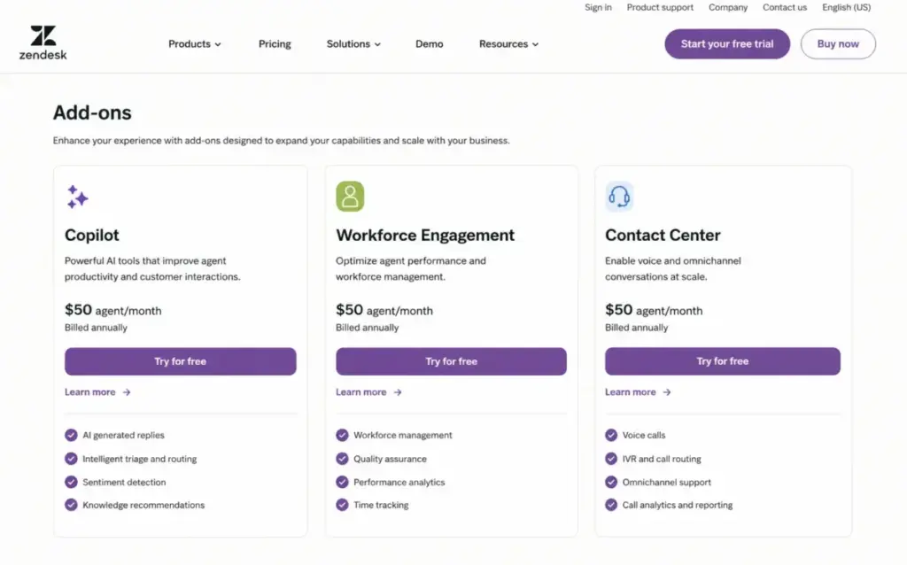 Zendesk add-on pricing cards showing Copilot, Workforce Engagement Bundle, and Contact Center at $50 per agent per month