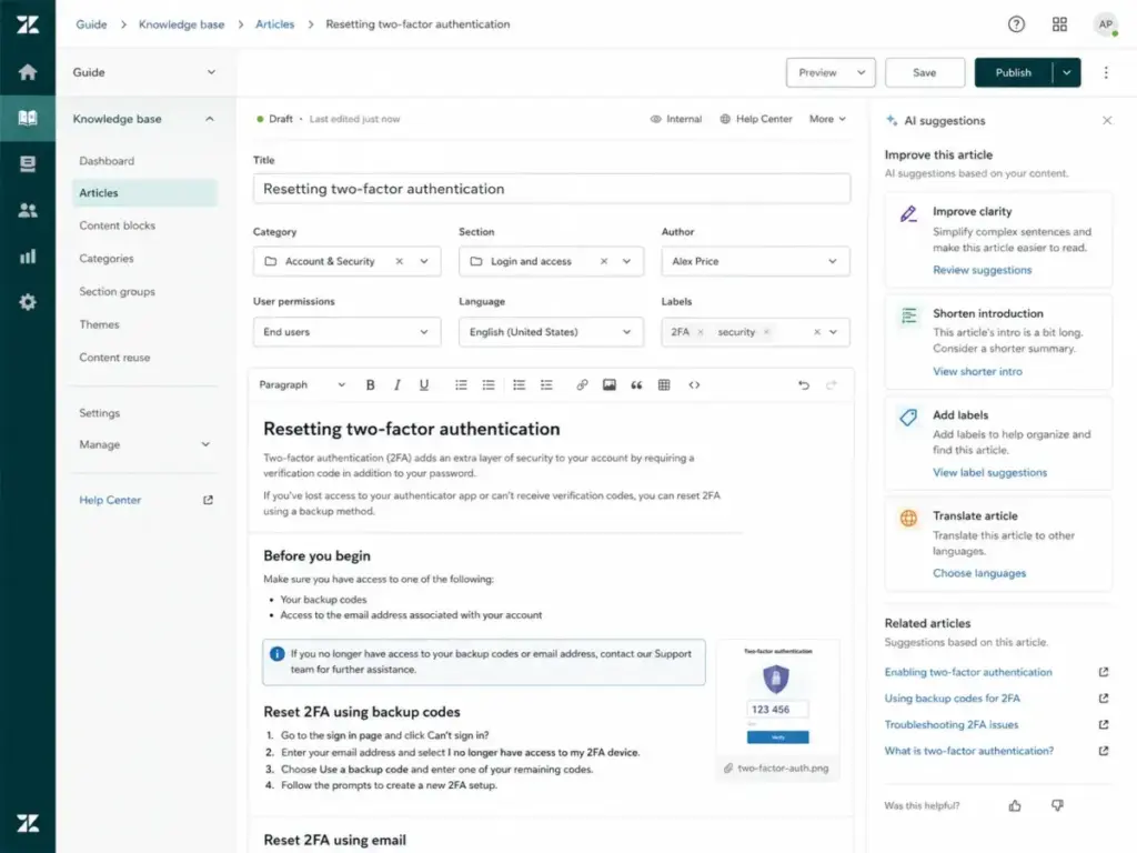Zendesk Guide help center editor showing article categories, formatting toolbar, publish controls, and AI suggestions panel