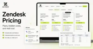 Zendesk Pricing featured image showing plan cards, add-on costs, and cost-at-scale calculator