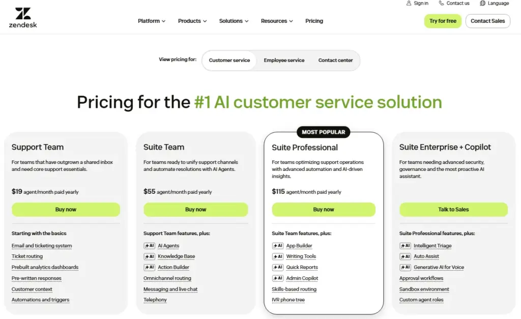 Zendesk pricing page showing Support Team, Suite Team, Suite Professional, Suite Enterprise + Copilot plans and add-on pricing
