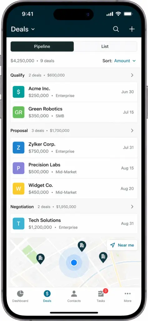 Zendesk Sell mobile app showing deal pipeline, sales stages, and location-based map features on iPhone