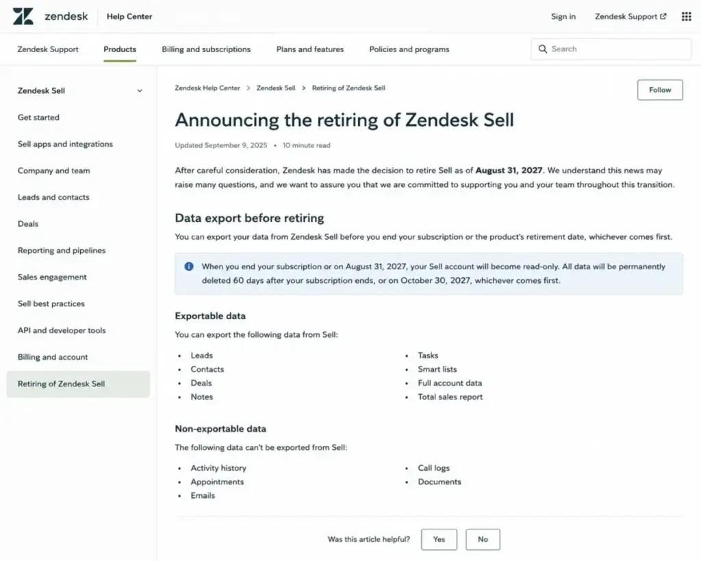 Zendesk Help Center article showing Zendesk Sell retirement data export and non-exportable activity history, emails, call logs, and documents