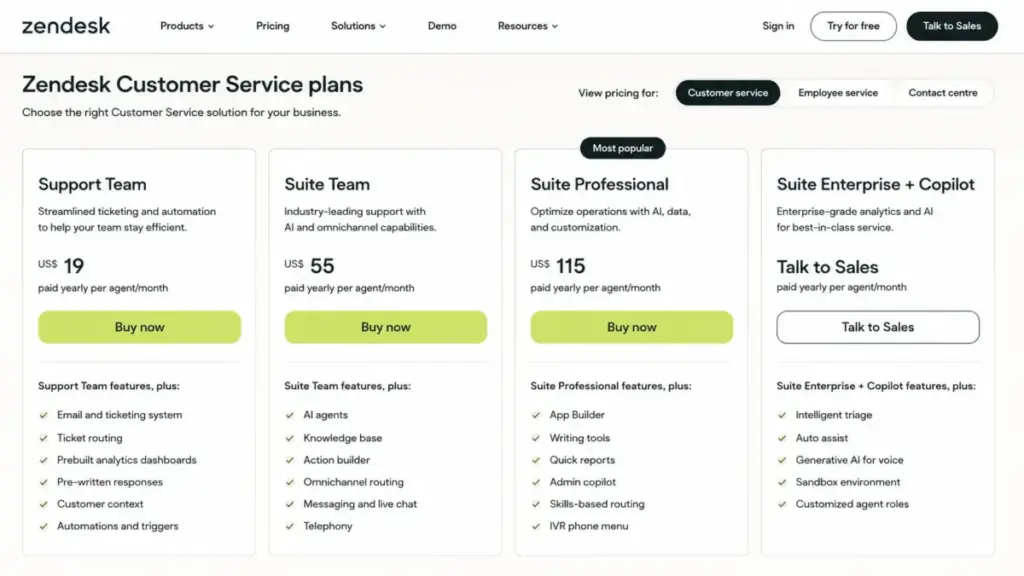 Zendesk Suite plan tiers pricing comparison showing Support Team, Suite Team, Suite Professional, and Suite Enterprise plus Copilot.