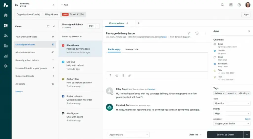 Zendesk Suite Professional dashboard showing omnichannel ticket routing, unassigned tickets, customer conversation, channel details, tags, priority, and assignee fields.