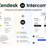 Zendesk vs Intercom comparison featured image showing pricing, AI, ticketing, and customer support software differences.
