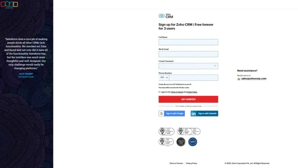 Zoho CRM sign-up page showing Free forever for 3 users with registration form