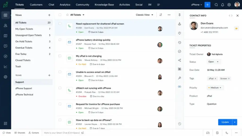 Zoho Desk free edition dashboard showing ticket management interface with all tickets, open tickets, overdue tickets, contact info, ticket properties, status, priority, and due date.
