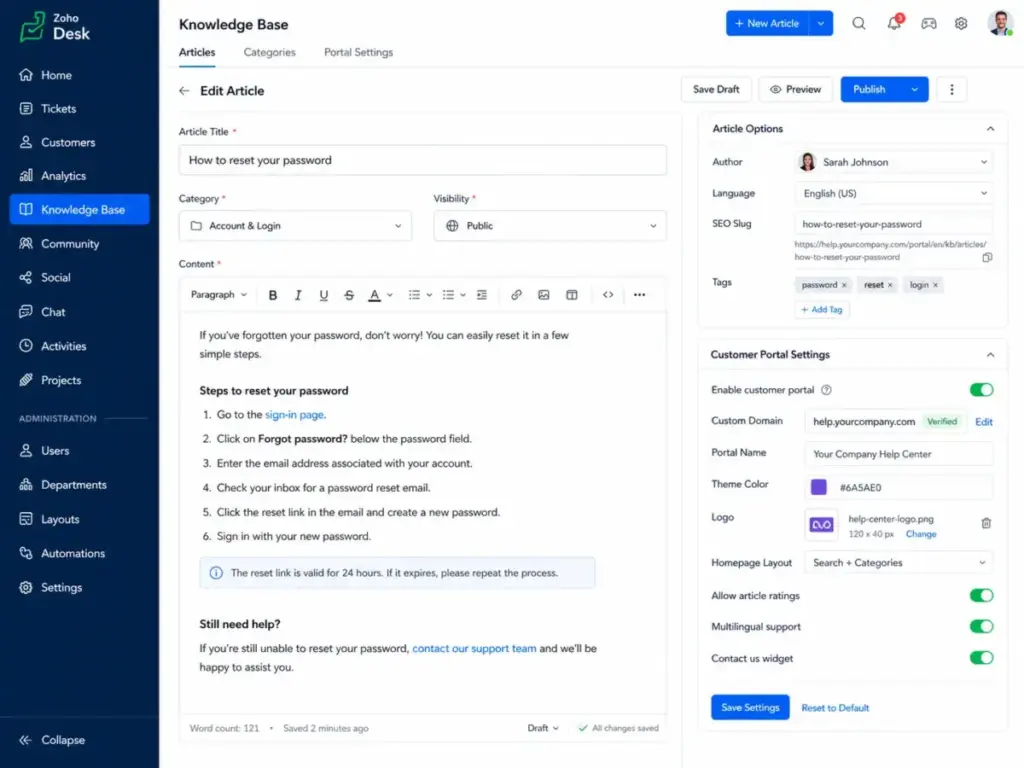 Zoho Desk knowledge base editor with customer portal settings panel