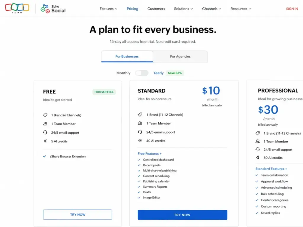 Zoho Social pricing page showing the Free plan and Standard plan with yearly billing, 15-day trial, and $10 monthly Standard pricing.
