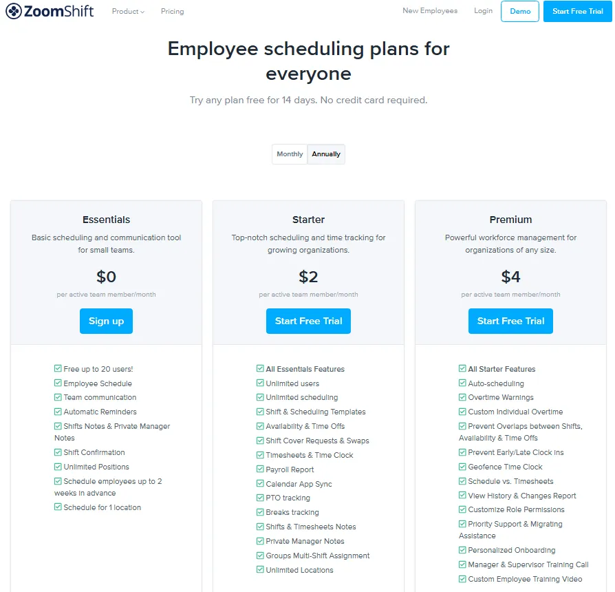 ZoomShift pricing page showing Essentials, Starter, and Premium employee scheduling plans