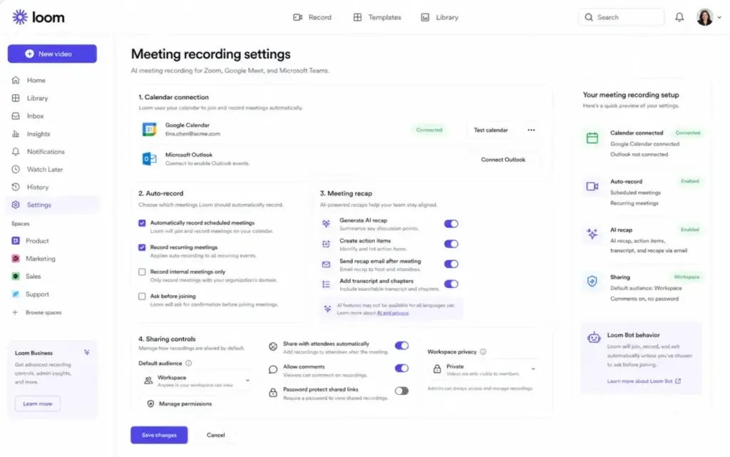 Loom meeting recording settings showing calendar connection, auto-record options, AI recap toggles, transcript settings, and workspace sharing controls.
