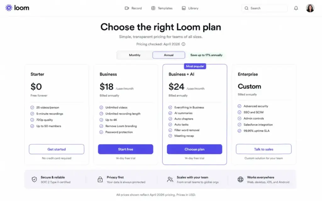 Loom pricing page showing Starter, Business, Business + AI, and Enterprise plans with April 2026 pricing, annual billing, plan limits, and feature comparisons.