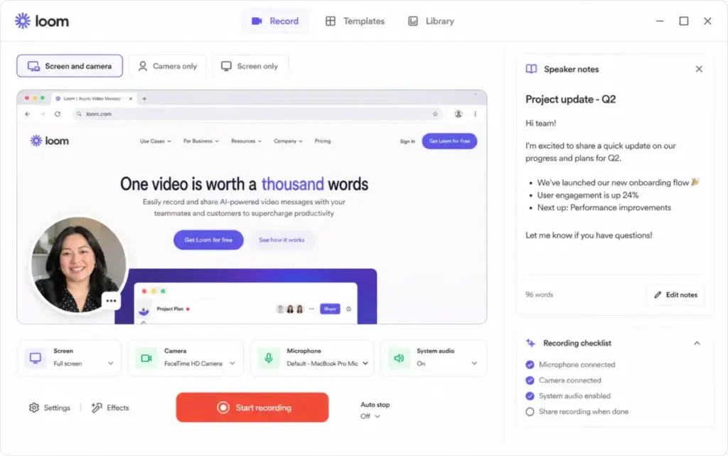 Loom recording interface showing screen and camera mode, camera bubble, microphone control, system audio toggle, speaker notes, and start recording button.