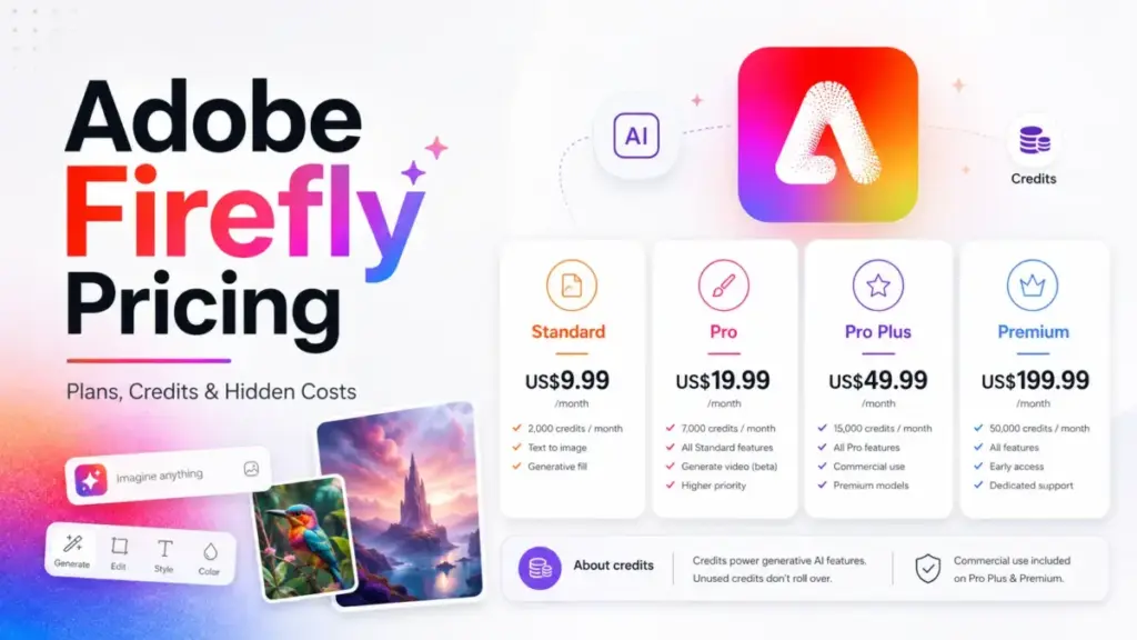 Adobe Firefly Pricing featured image showing Firefly plans, credits, monthly costs, and hidden pricing factors.