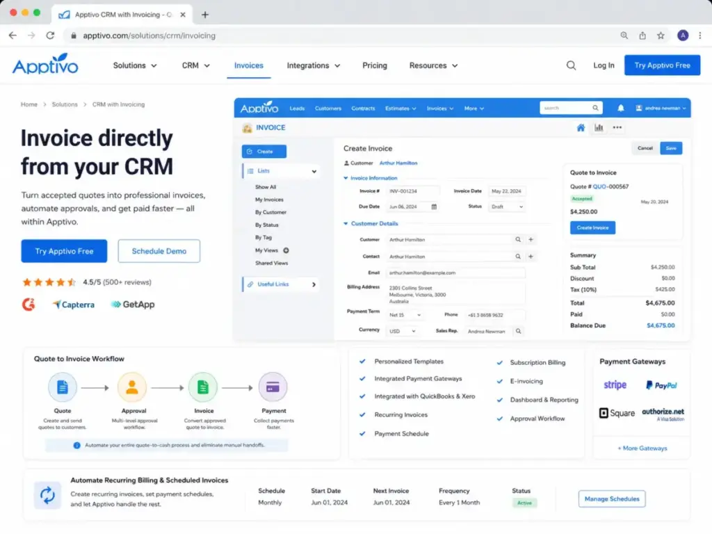 Apptivo CRM solution page showing quote-to-invoice workflow, integrated payment gateways, recurring billing, and invoice automation features.
