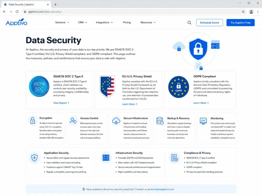 Apptivo data security page showing SSAE18 SOC 2 Type II, EU-U.S. Privacy Shield, GDPR compliance, encryption, access control, and infrastructure security.