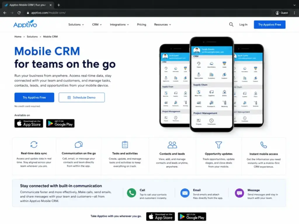 Apptivo Mobile CRM official page showing real-time data sync, communication features, mobile CRM tools, and App Store and Google Play download badges.