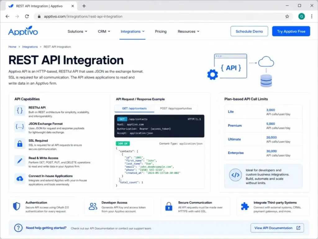 Apptivo REST API integration page showing JSON API, SSL requirements, read and write access, and plan-based API call limits.
