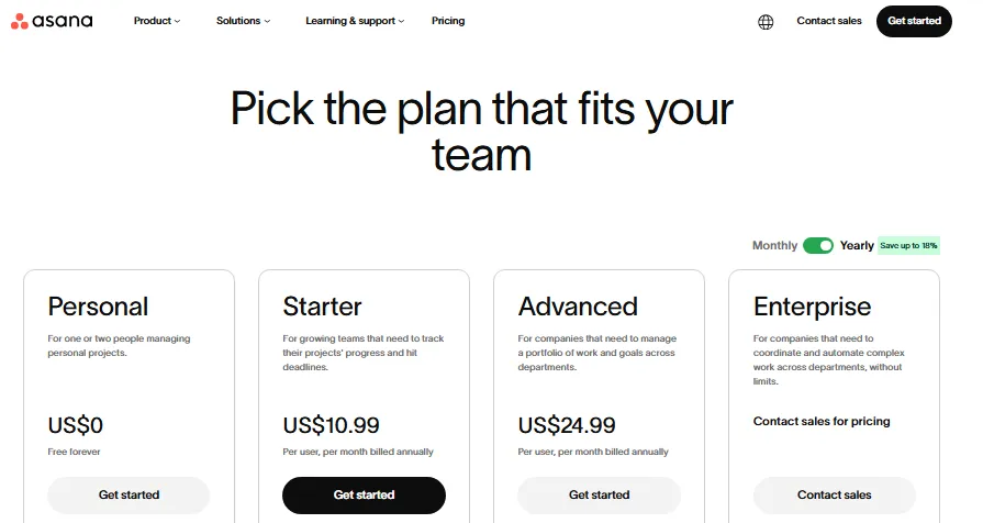 Screenshot-style image of the Asana pricing page showing Personal, Starter, Advanced, and Enterprise plans with yearly billing selected.