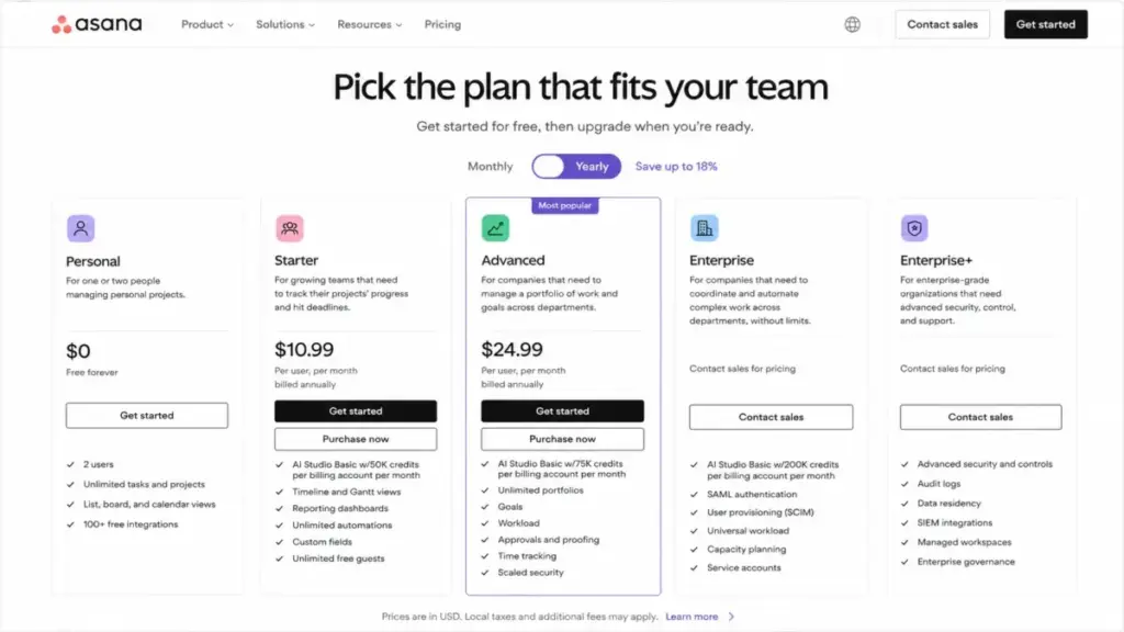 Asana pricing page showing Personal, Starter, Advanced, Enterprise, and Enterprise+ plan cards for 2026