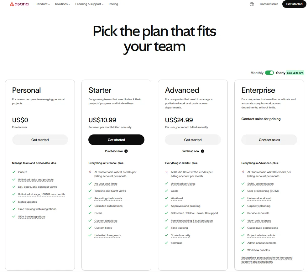 Asana pricing page showing Personal, Starter, Advanced, and Enterprise plans