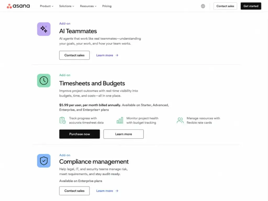 Asana pricing add-ons area showing Timesheets and Budgets at $5.99 per user per month billed annually