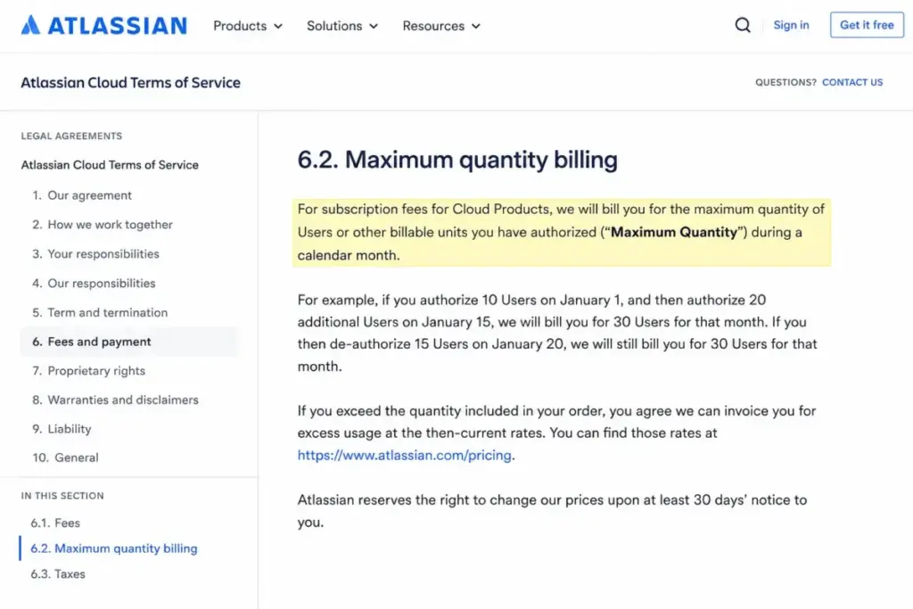 Atlassian Cloud licensing page highlighting Maximum Quantity Billing policy for Jira seat changes