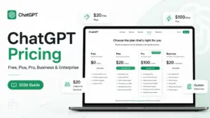 ChatGPT Pricing 2026 guide showing Free, Plus, Pro, Business and Enterprise plan costs on a laptop screen