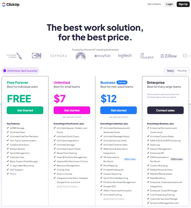 ClickUp pricing page showing Free Forever, Unlimited, Business, and Enterprise plans